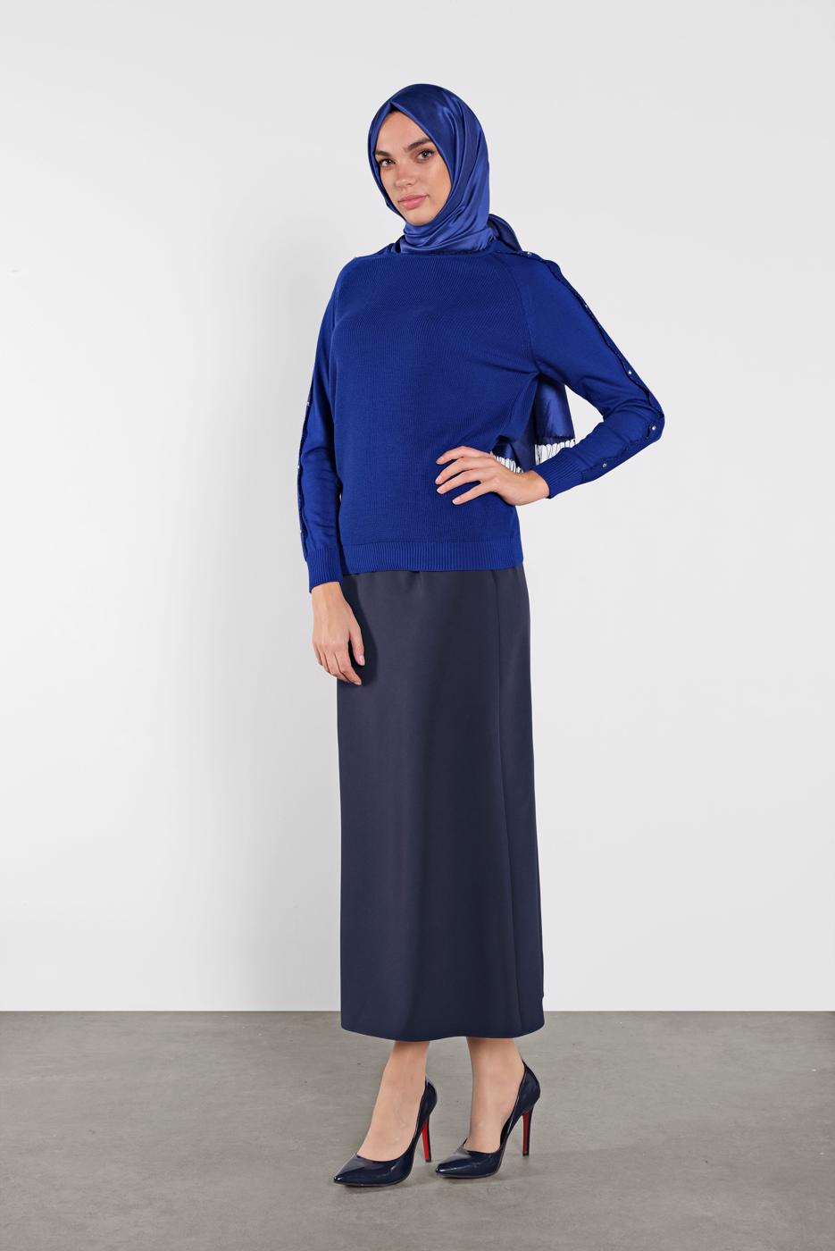 Tesettür giyim LACİVERT TAŞ İŞLEMELİ SİM DETAYLI TRİKO KAZAK  3232 