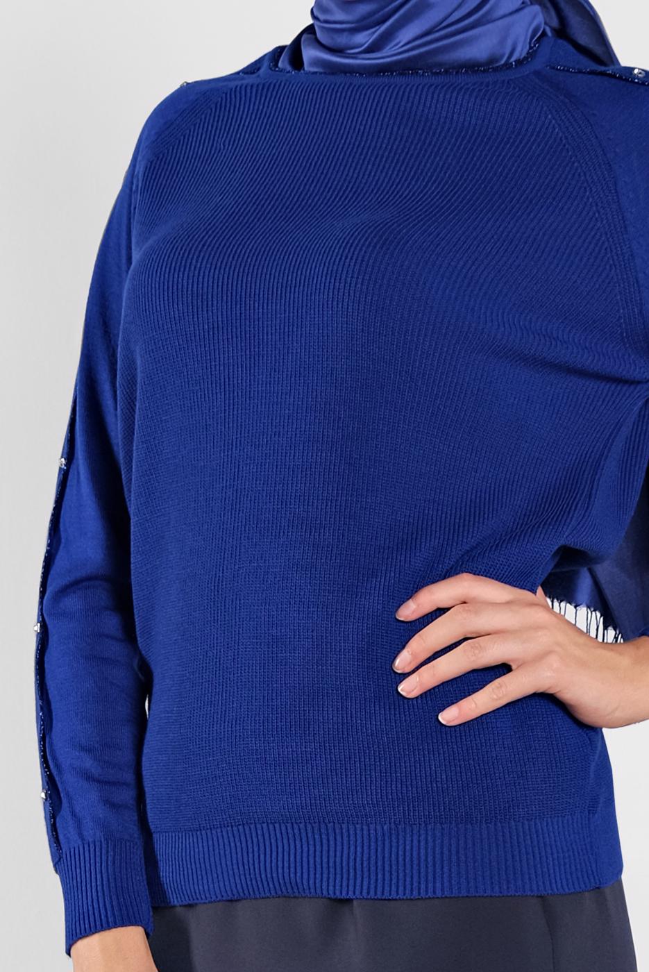 Tesettür giyim LACİVERT TAŞ İŞLEMELİ SİM DETAYLI TRİKO KAZAK  3232 