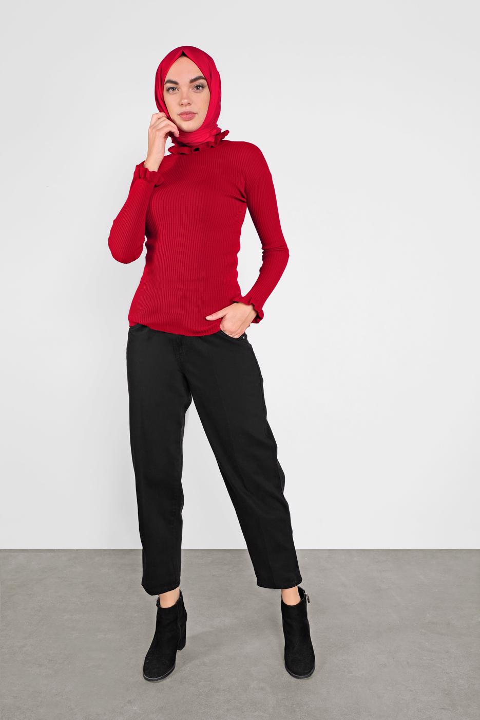 Tesettür giyim KIRMIZI FIRFIRLI TRİKO BOĞAZLI KAZAK 4302 