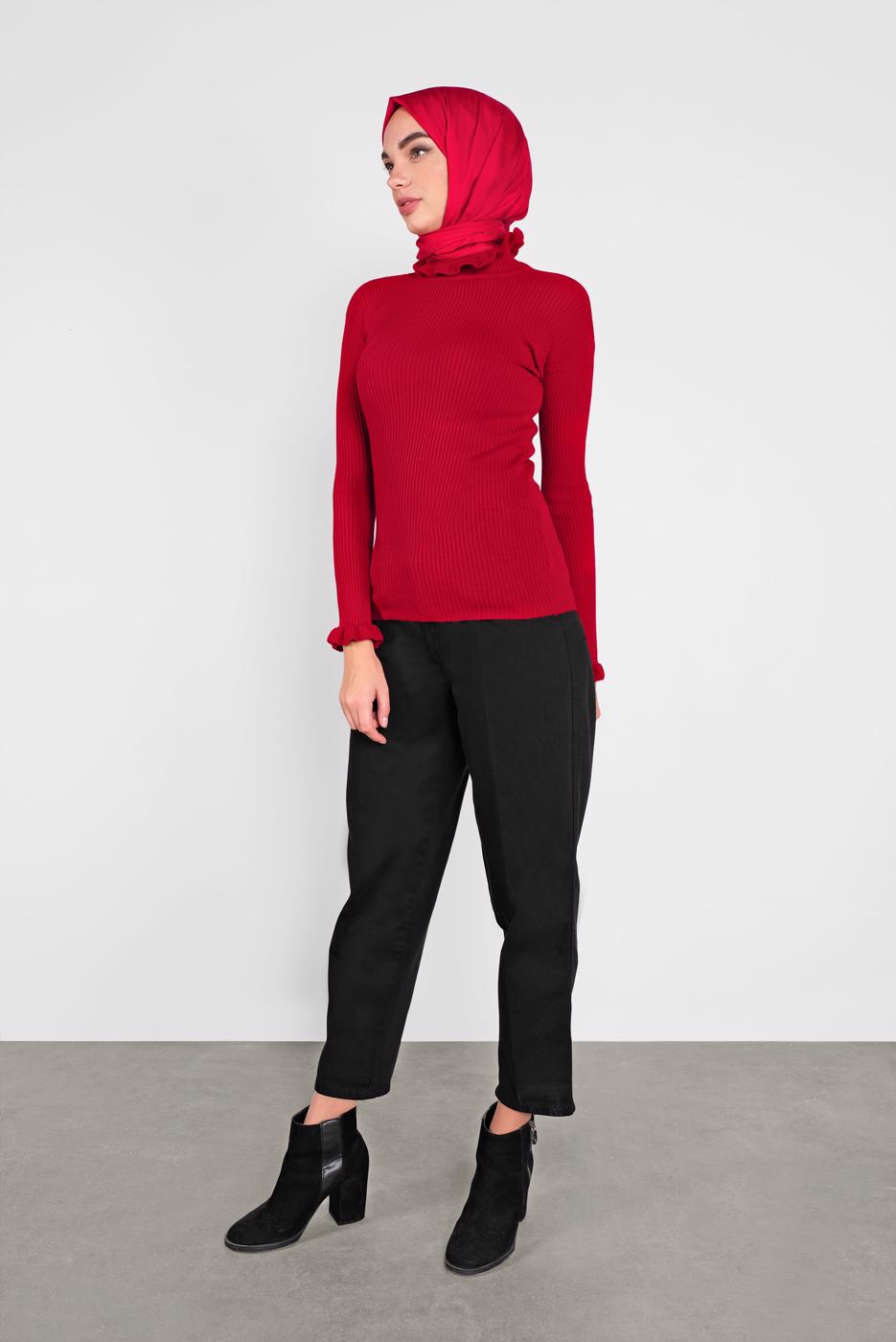 Tesettür giyim KIRMIZI FIRFIRLI TRİKO BOĞAZLI KAZAK 4302 