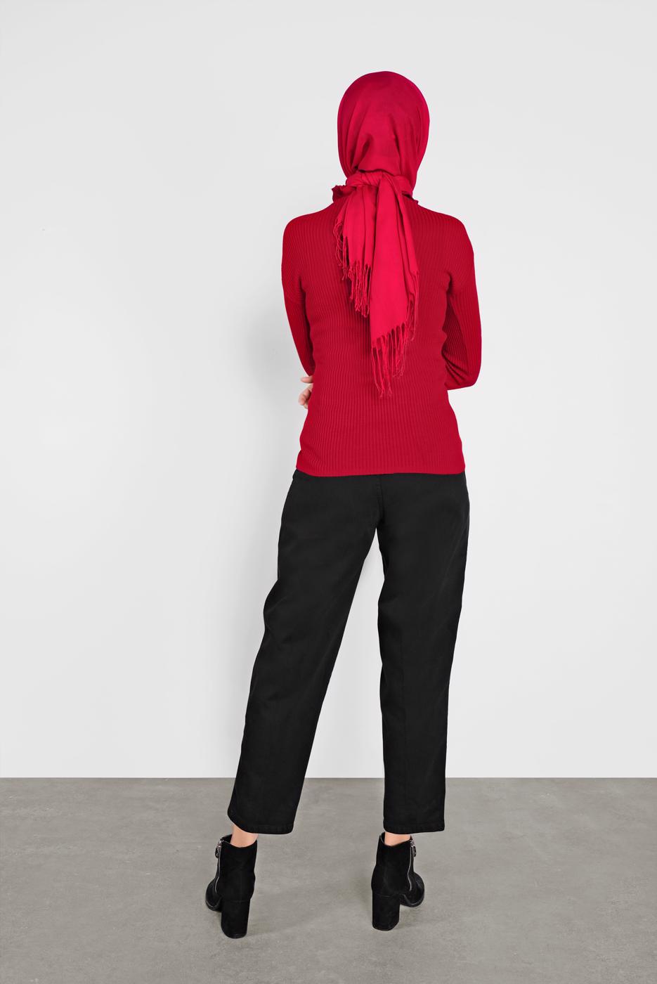 Tesettür giyim KIRMIZI FIRFIRLI TRİKO BOĞAZLI KAZAK 4302 