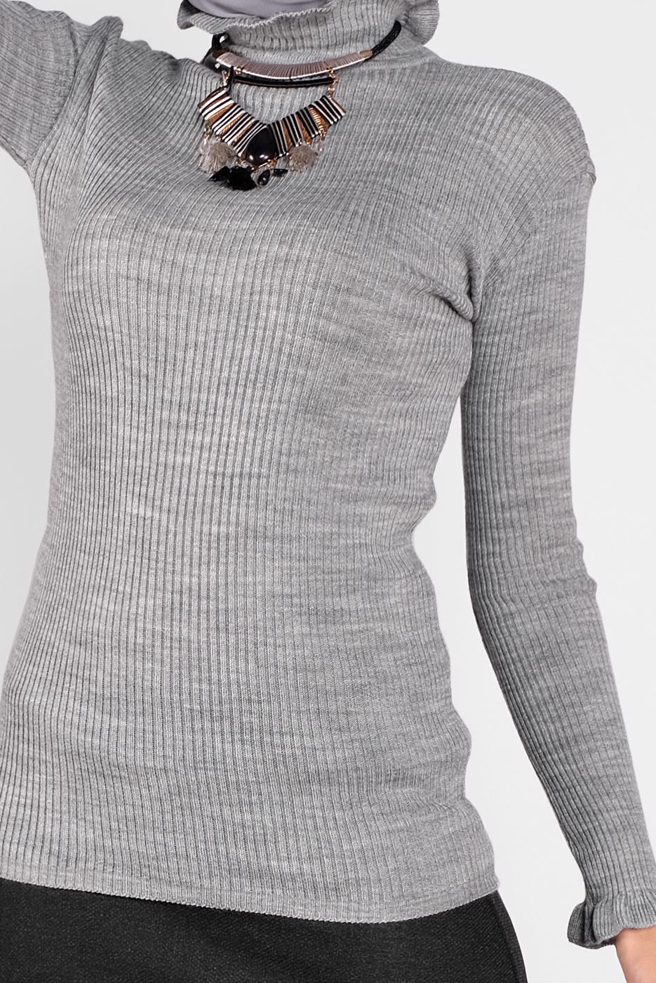 Tesettür giyim GRİ FIRFIRLI TRİKO BOĞAZLI KAZAK 4302 