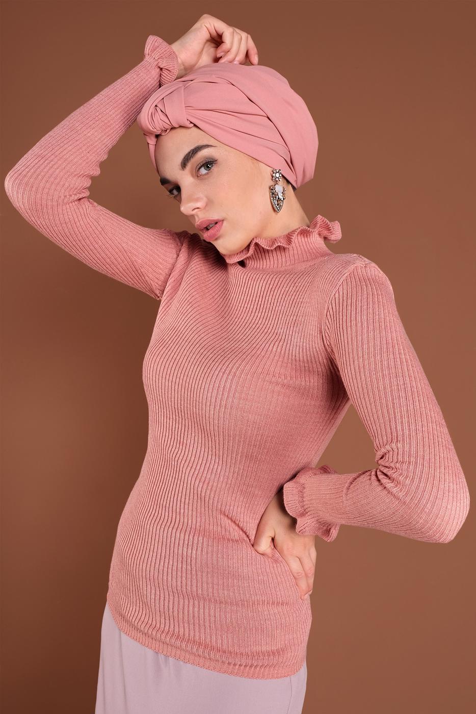 Tesettür giyim PUDRA FIRFIRLI TRİKO BOĞAZLI KAZAK 4302 