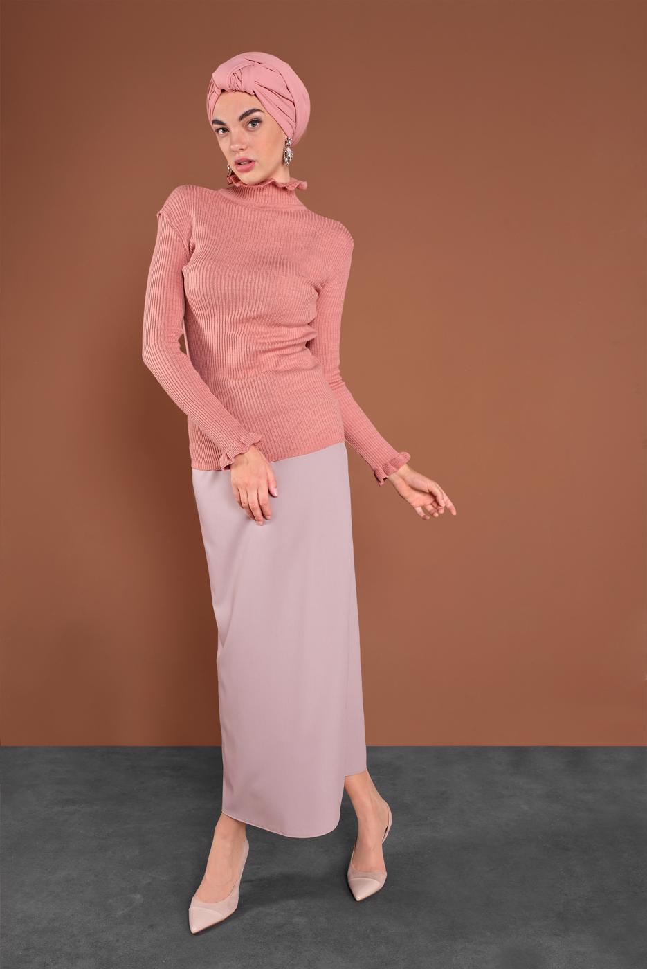 Tesettür giyim PUDRA FIRFIRLI TRİKO BOĞAZLI KAZAK 4302 