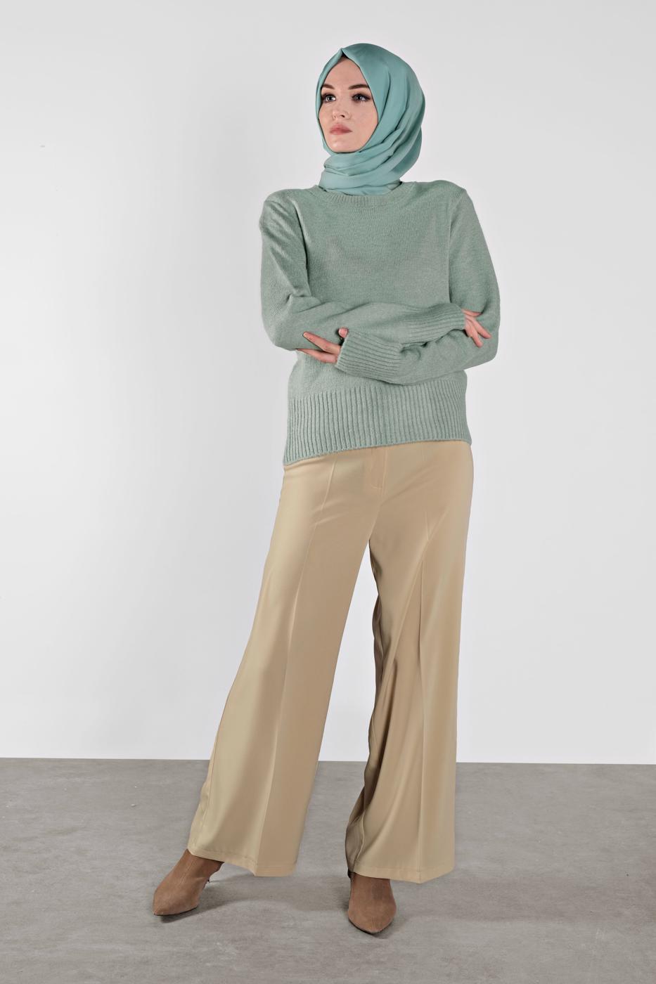 Tesettür giyim YEŞİL BİSİKLET YAKA TRİKO KAZAK 4526 