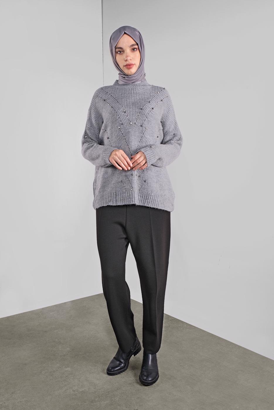 Tesettür giyim GRİ TAŞLI TRİKO KAZAK 5605 