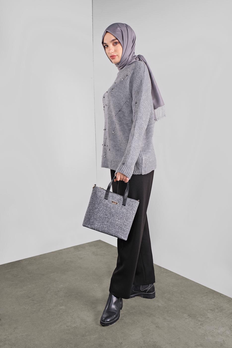 Tesettür giyim GRİ TAŞLI TRİKO KAZAK 5605 