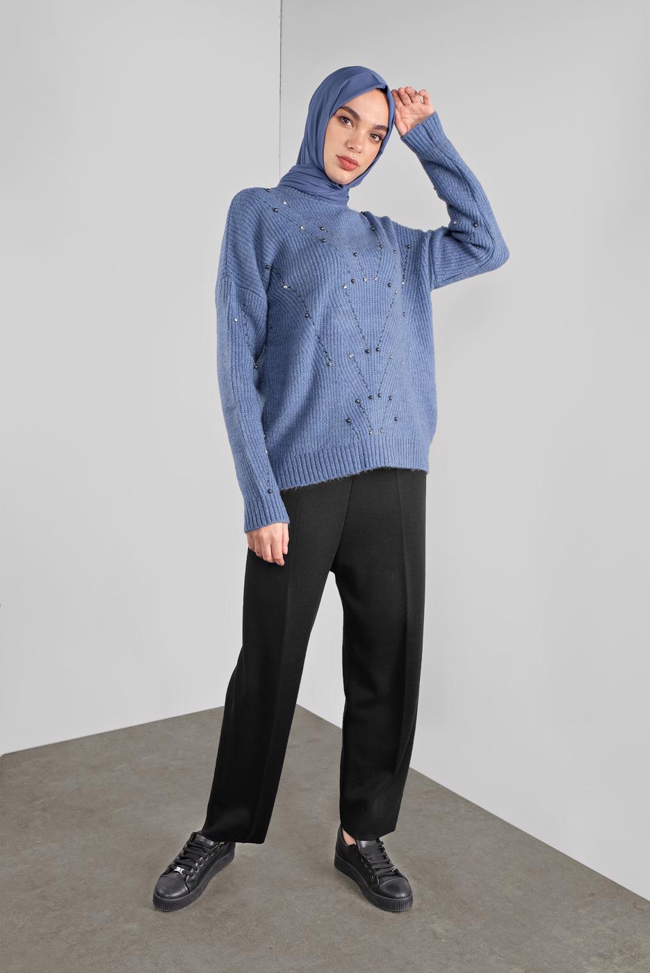 Tesettür giyim LACİVERT TAŞLI TRİKO KAZAK 5605 