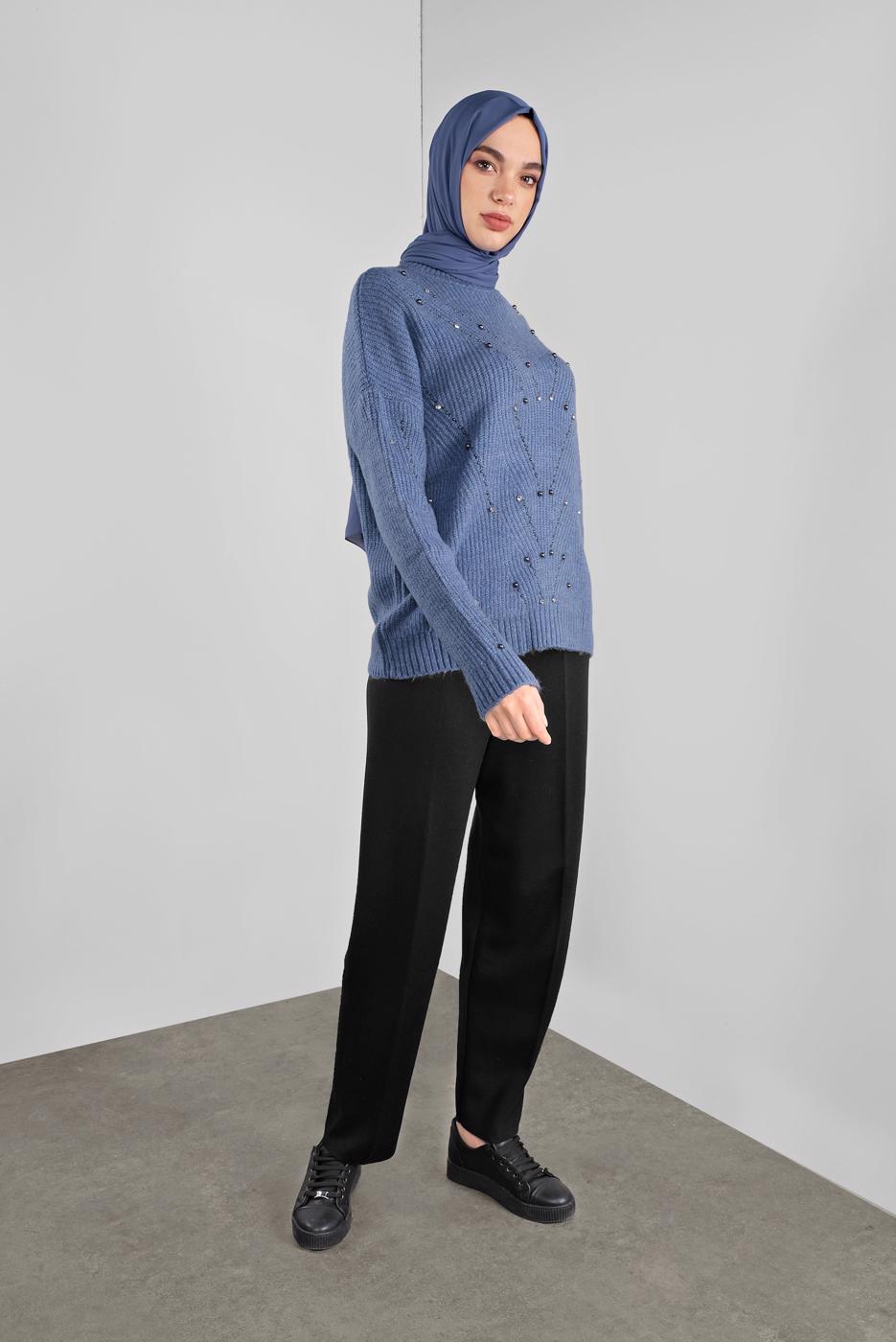 Tesettür giyim LACİVERT TAŞLI TRİKO KAZAK 5605 