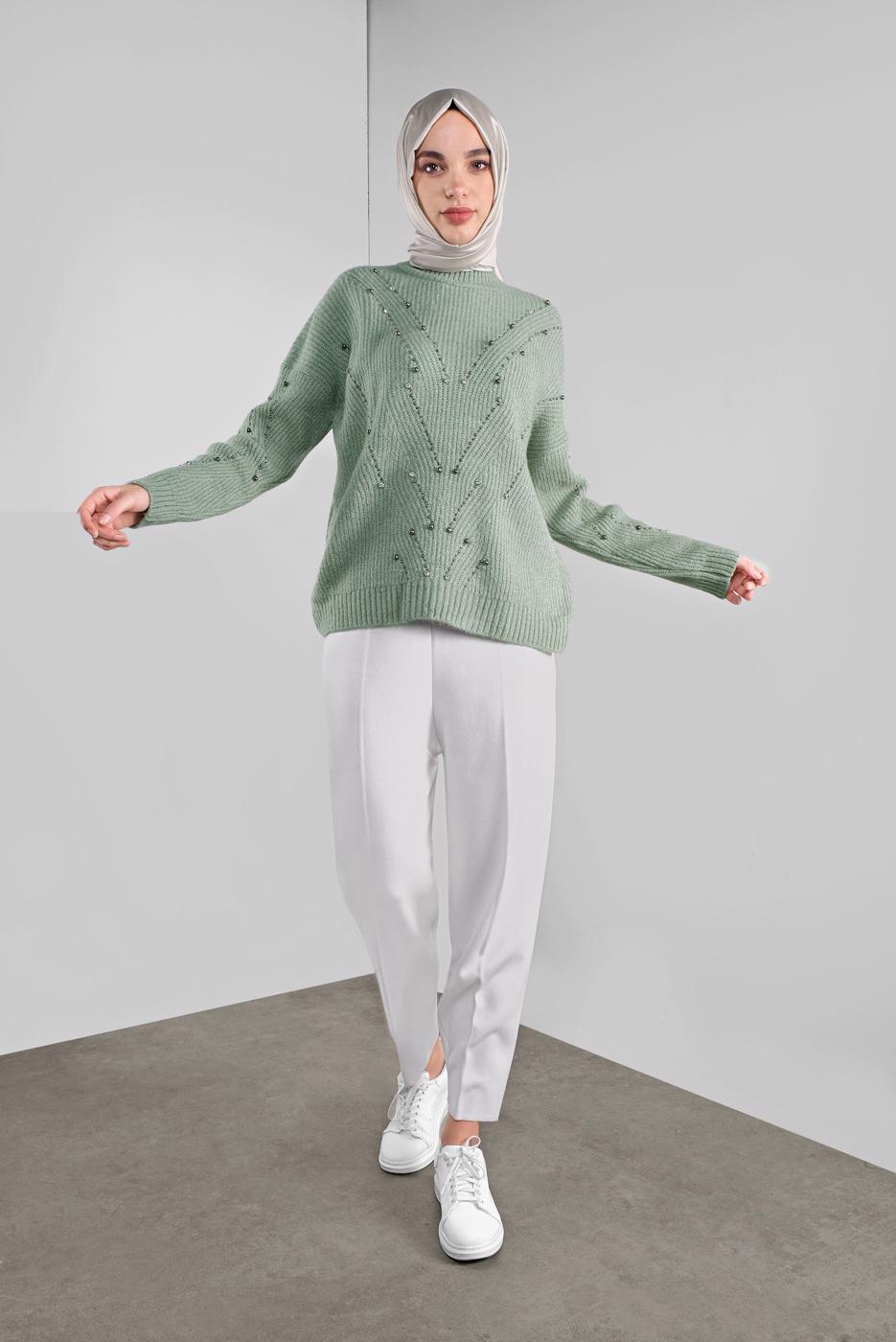 Hijab clothing GREEN RHINESTONED KNIT SWEATER 5605 