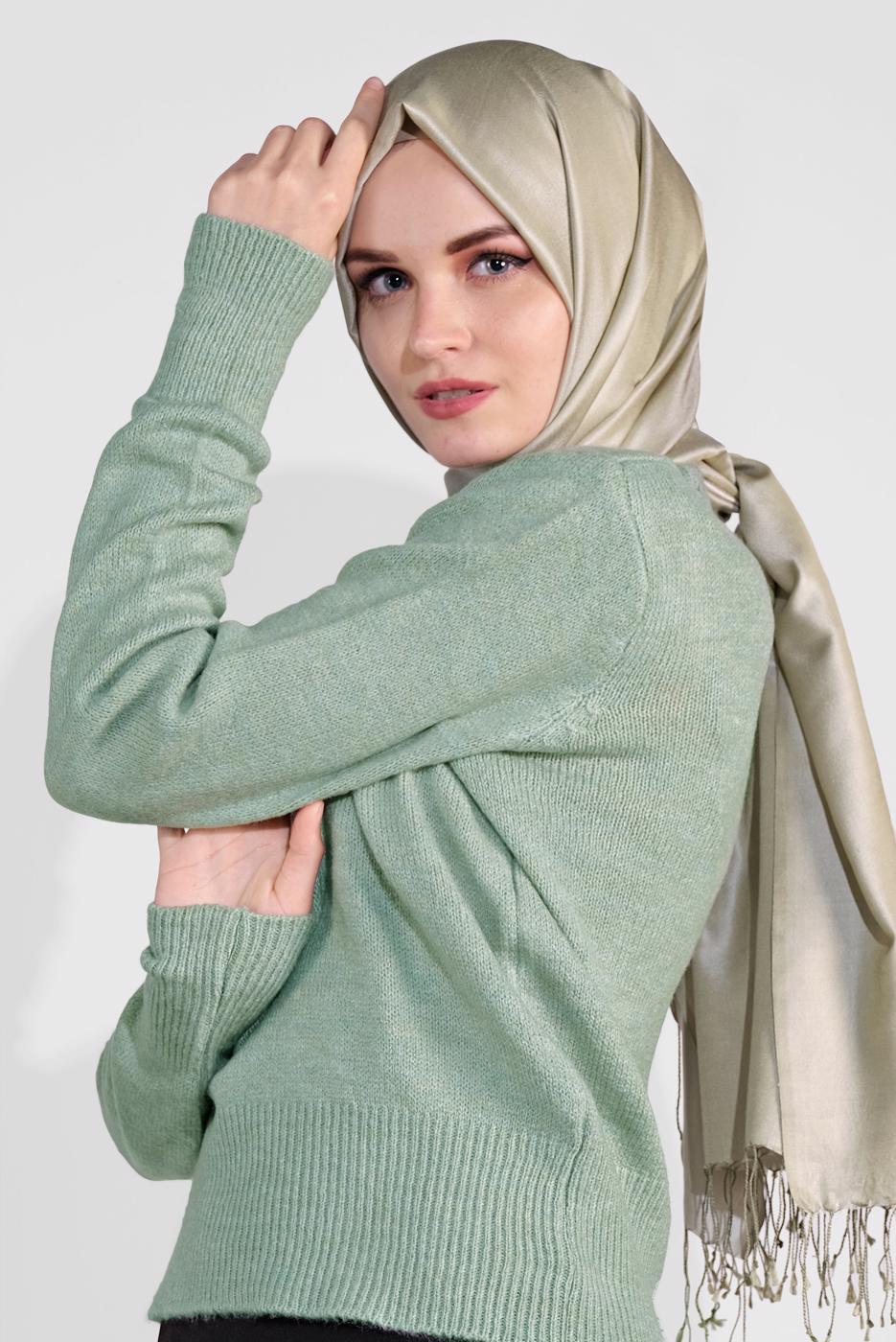 Tesettür giyim YEŞİL BİSİKLET YAKA TRİKO KAZAK 6106 