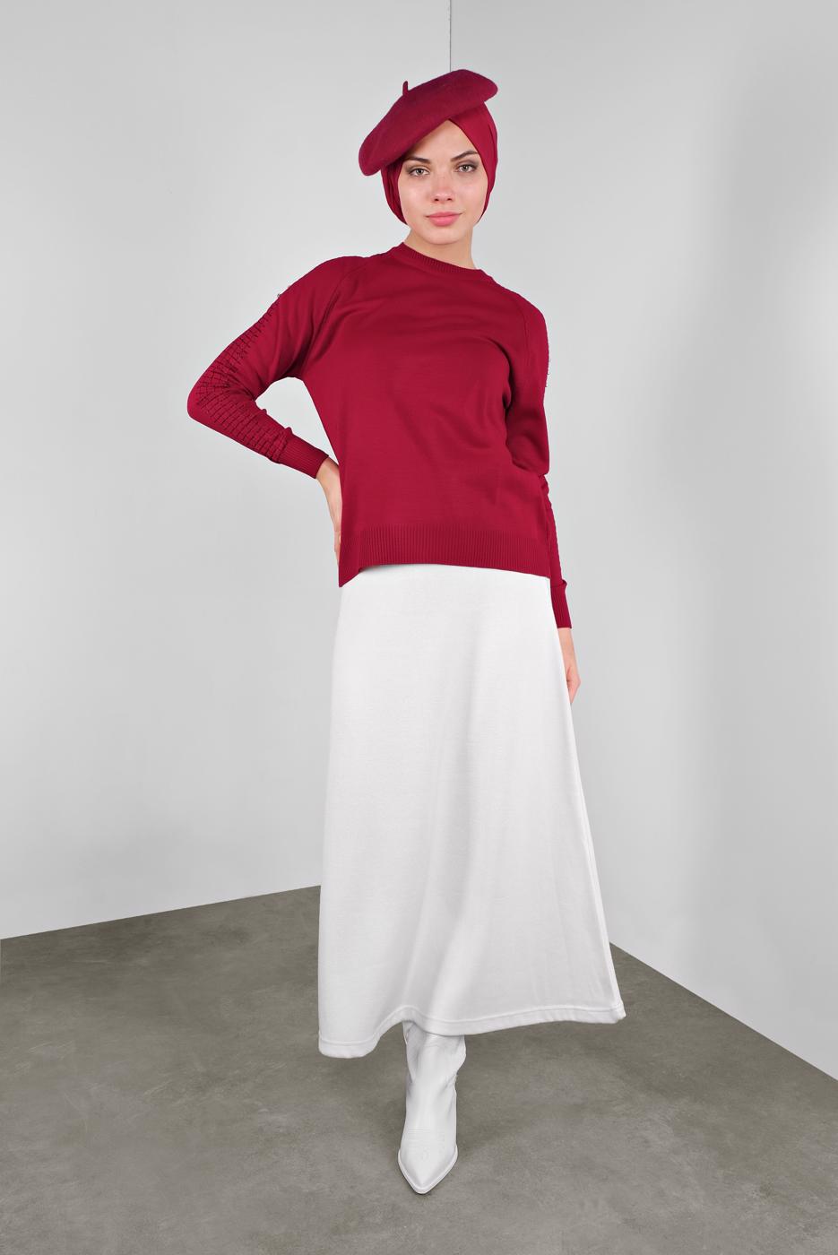 Tesettür giyim KIRMIZI TAŞ VE SİM DETAYLI TRİKO KAZAK 8132 