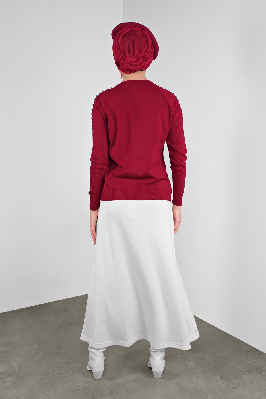 Tesettür giyim KIRMIZI TAŞ VE SİM DETAYLI TRİKO KAZAK 8132 