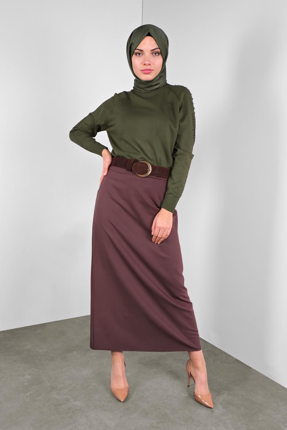 Tesettür giyim HAKİ TAŞ VE SİM DETAYLI TRİKO KAZAK 8132 