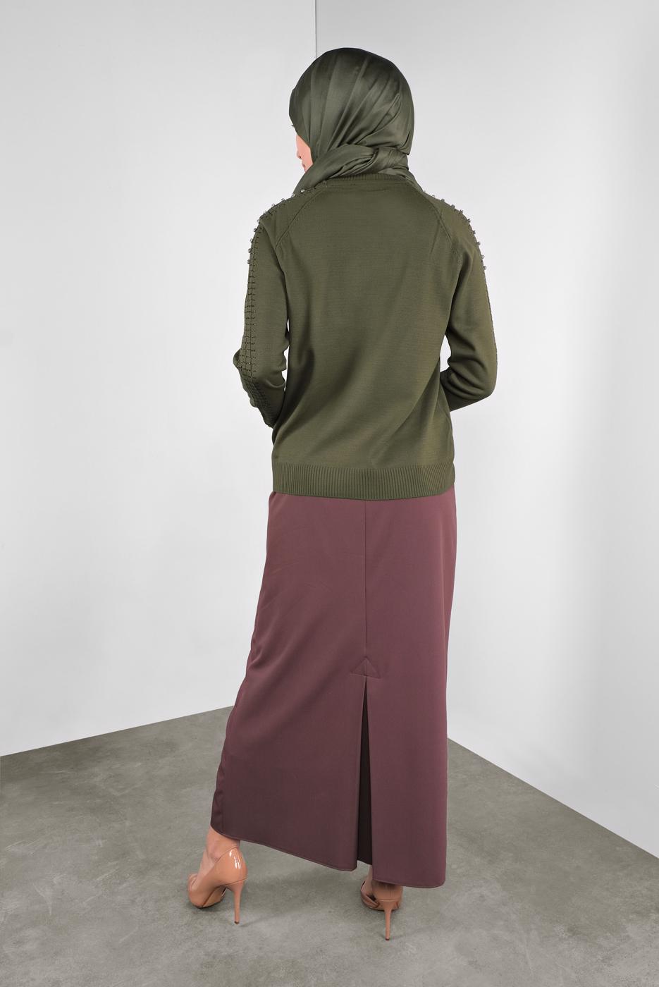 Tesettür giyim HAKİ TAŞ VE SİM DETAYLI TRİKO KAZAK 8132 