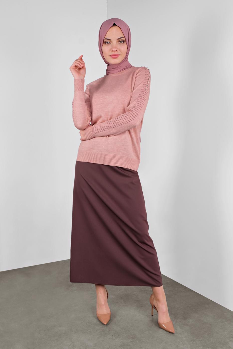 Tesettür giyim PUDRA TAŞ VE SİM DETAYLI TRİKO KAZAK 8132 