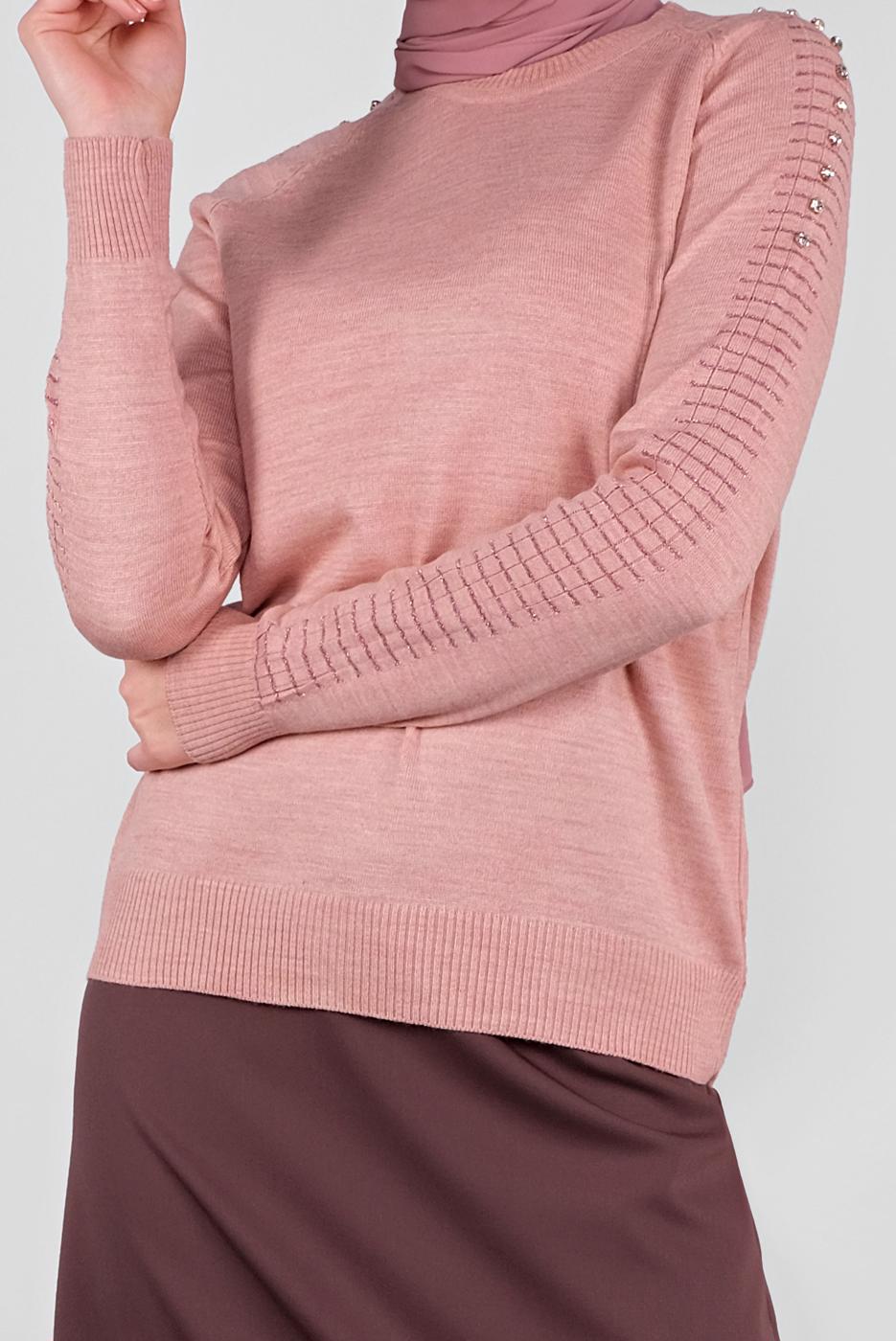Tesettür giyim PUDRA TAŞ VE SİM DETAYLI TRİKO KAZAK 8132 