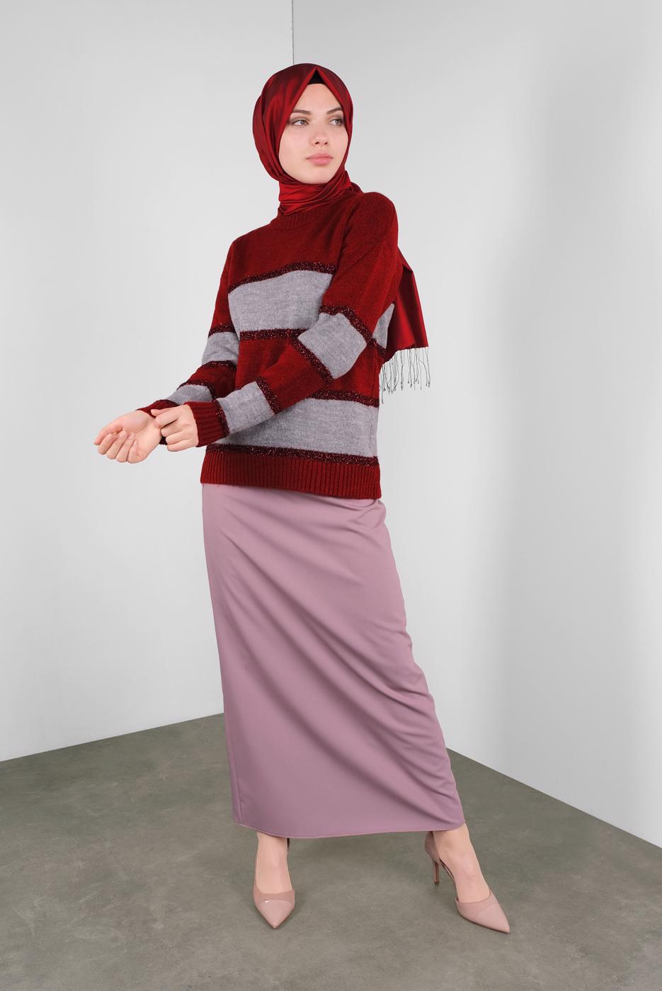 Hijab clothing CLARET RED STRIPPED SPARKLY KNIT SWEATER 8605