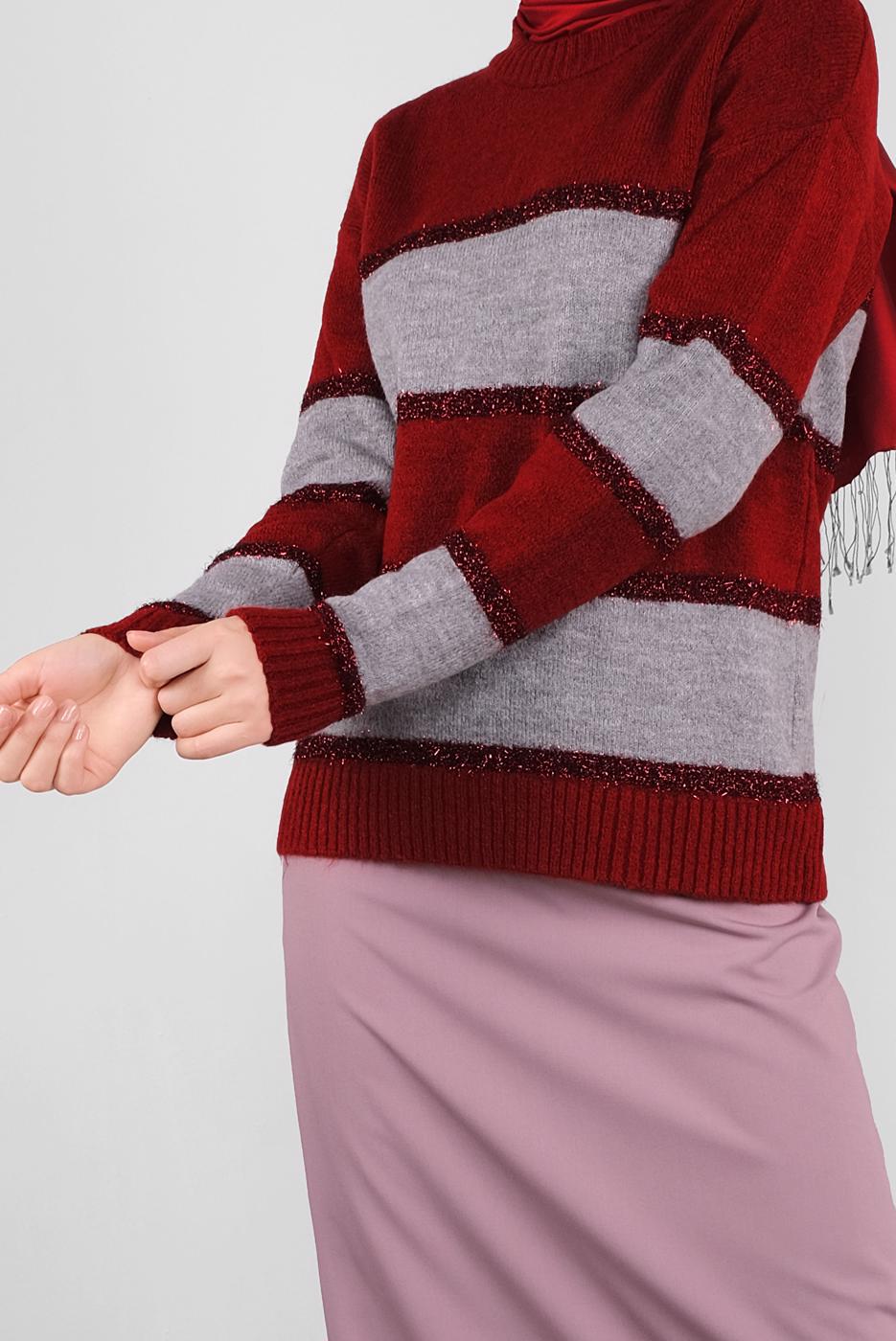 Hijab clothing CLARET RED STRIPPED SPARKLY KNIT SWEATER 8605