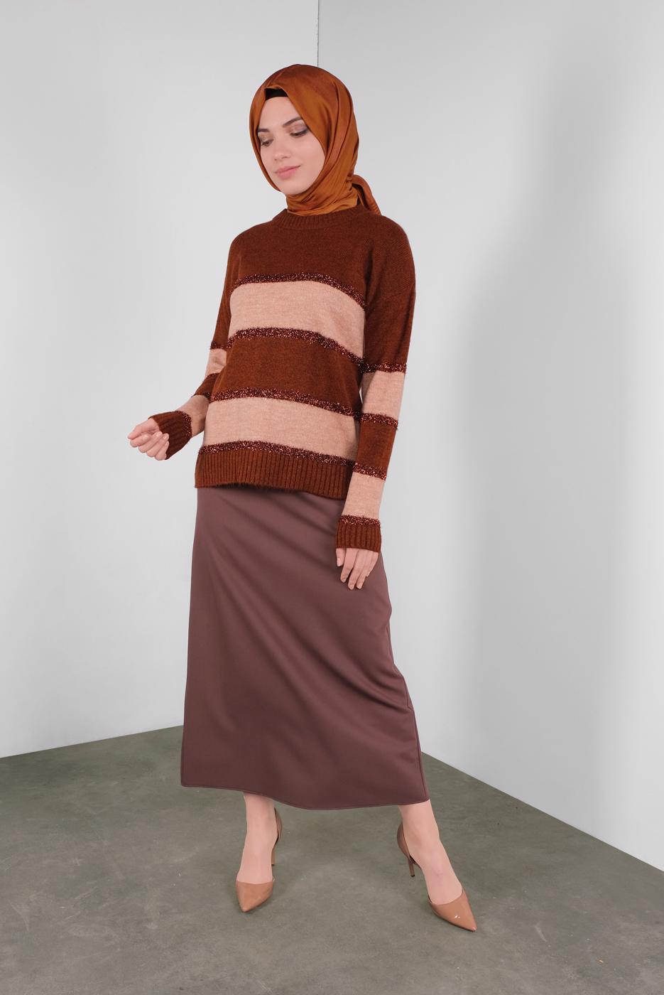 Hijab clothing BROWN STRIPPED SPARKLY KNIT SWEATER 8605