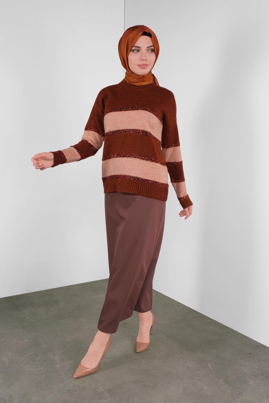 Hijab clothing BROWN STRIPPED SPARKLY KNIT SWEATER 8605