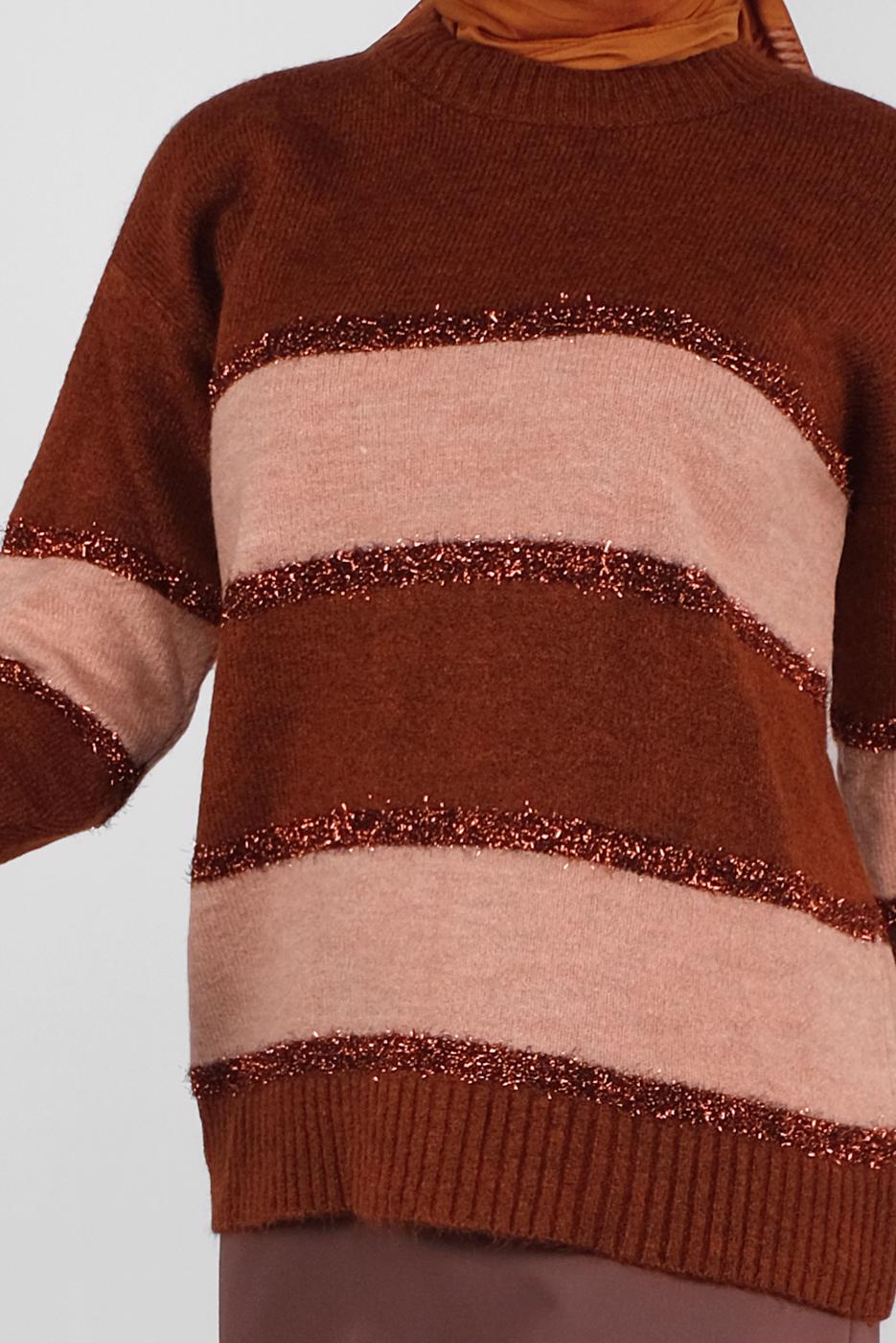 Hijab clothing BROWN STRIPPED SPARKLY KNIT SWEATER 8605