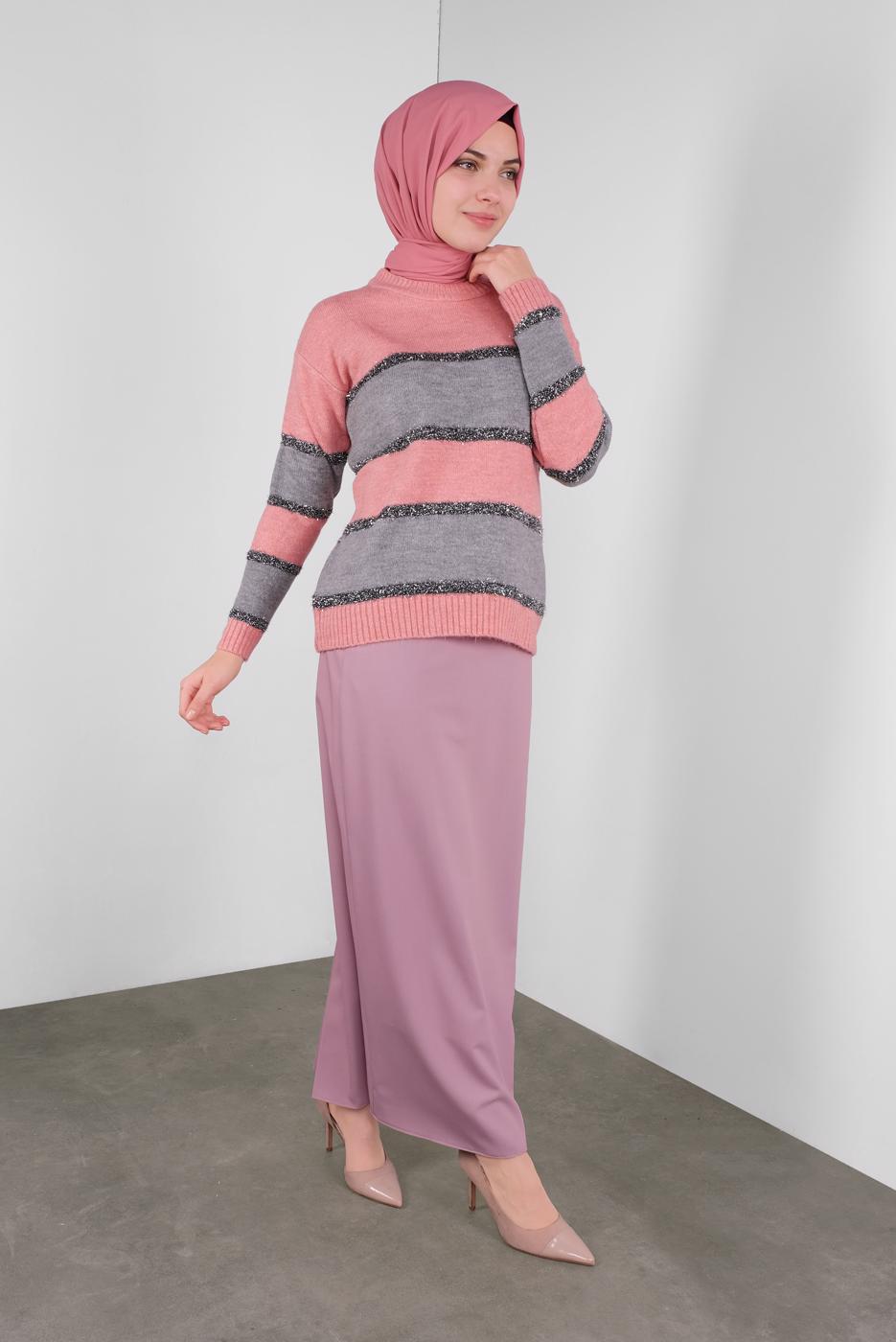 Vêtements hijab ROSE PULL EN TRICOT EN BRILLANTE À RAYURES 8605