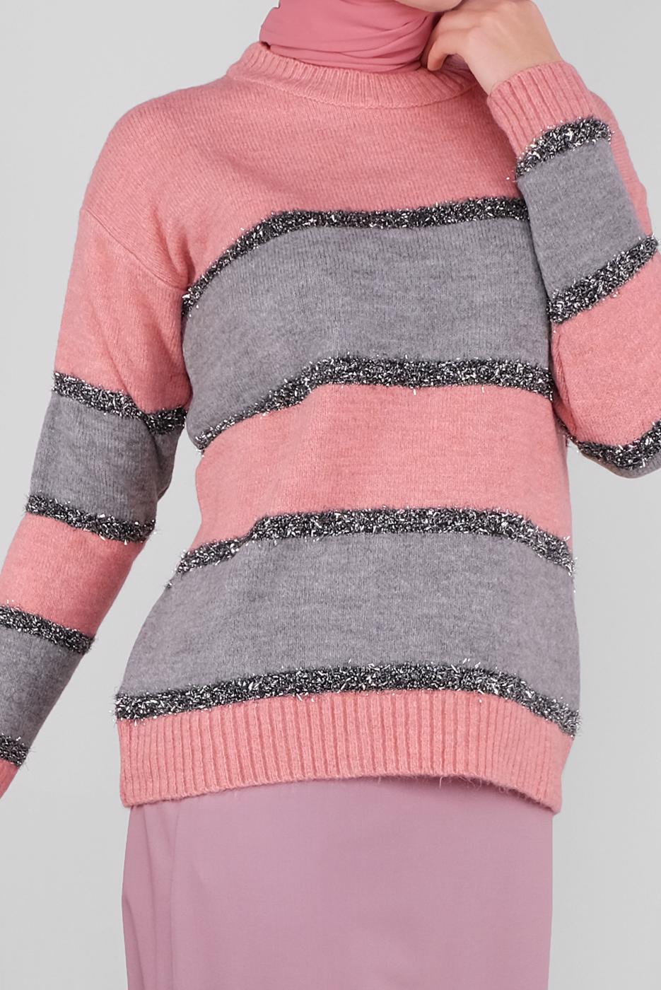 Vêtements hijab ROSE PULL EN TRICOT EN BRILLANTE À RAYURES 8605