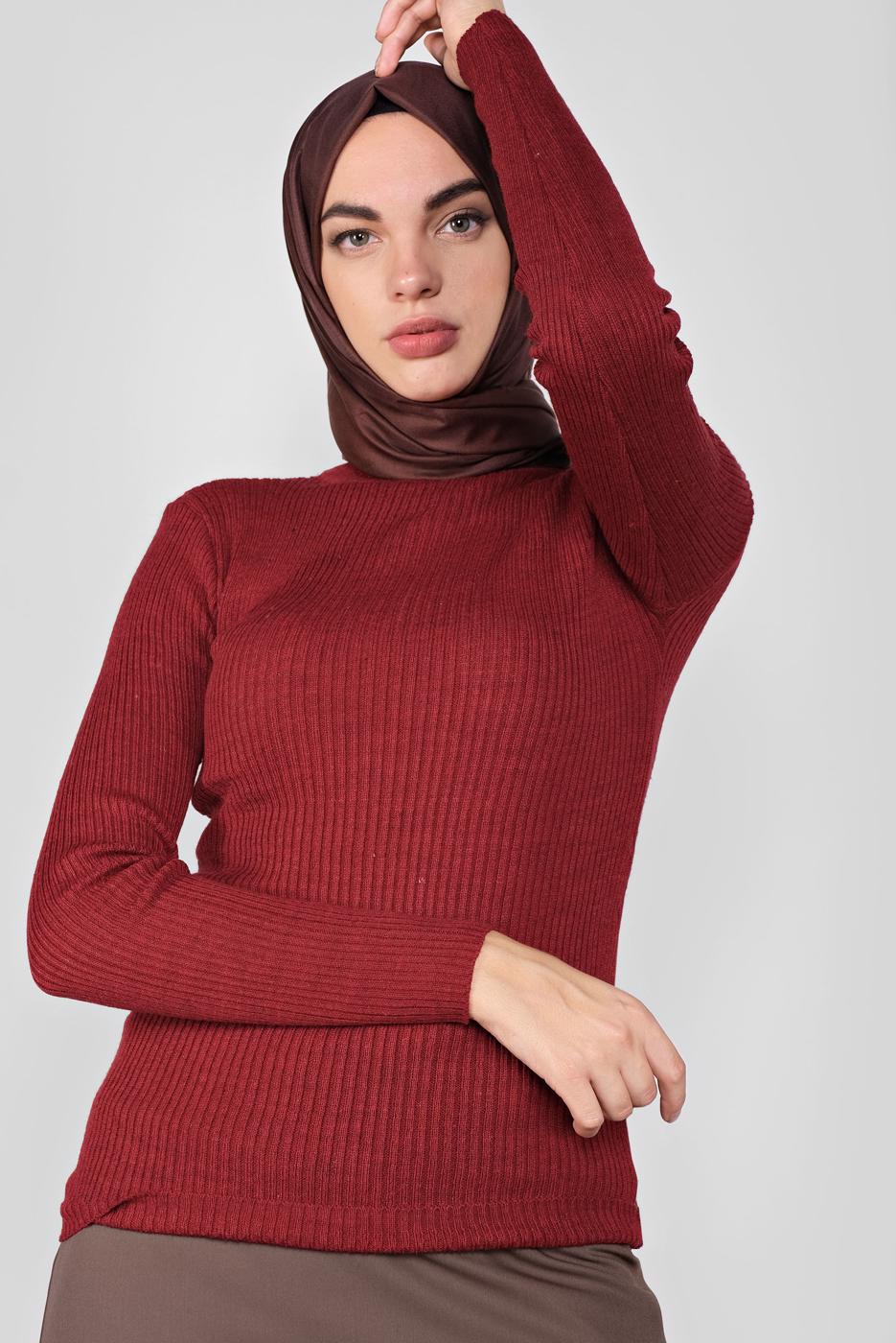 Tesettür giyim KIRMIZI BOĞAZLI FİTİLLİ TRİKO KAZAK 9202 