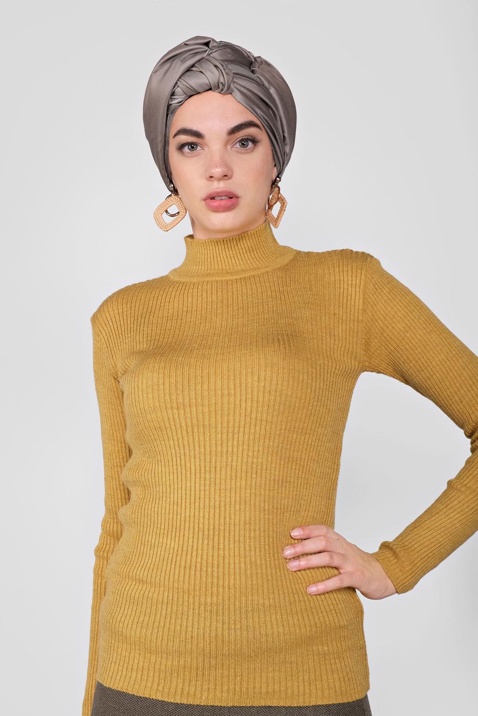 Tesettür giyim TURUNCU BOĞAZLI FİTİLLİ TRİKO KAZAK 9202 