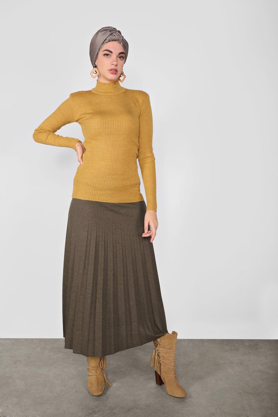 Tesettür giyim TURUNCU BOĞAZLI FİTİLLİ TRİKO KAZAK 9202 