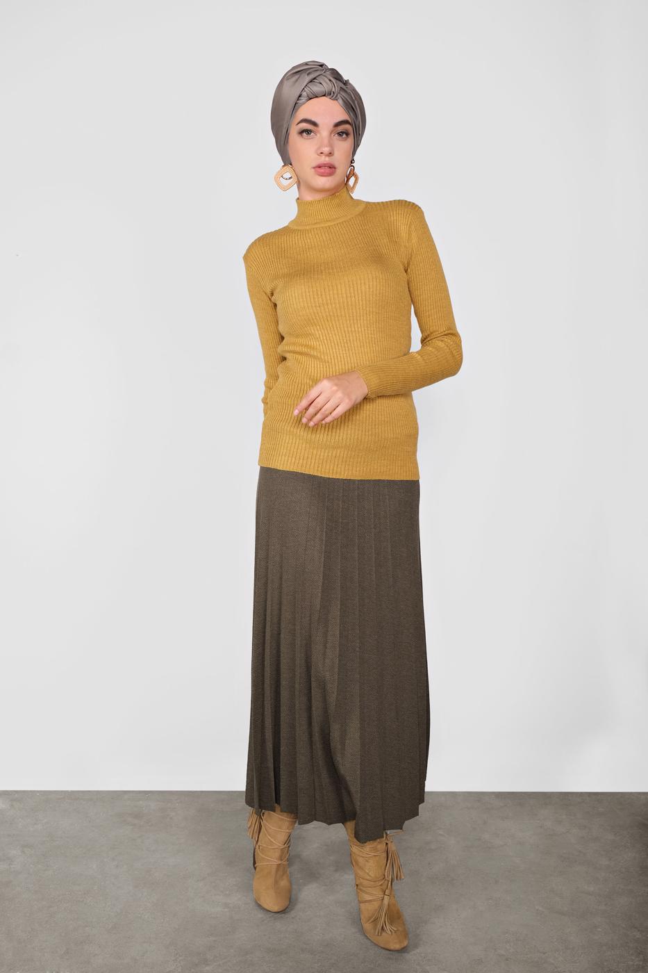 Tesettür giyim TURUNCU BOĞAZLI FİTİLLİ TRİKO KAZAK 9202 