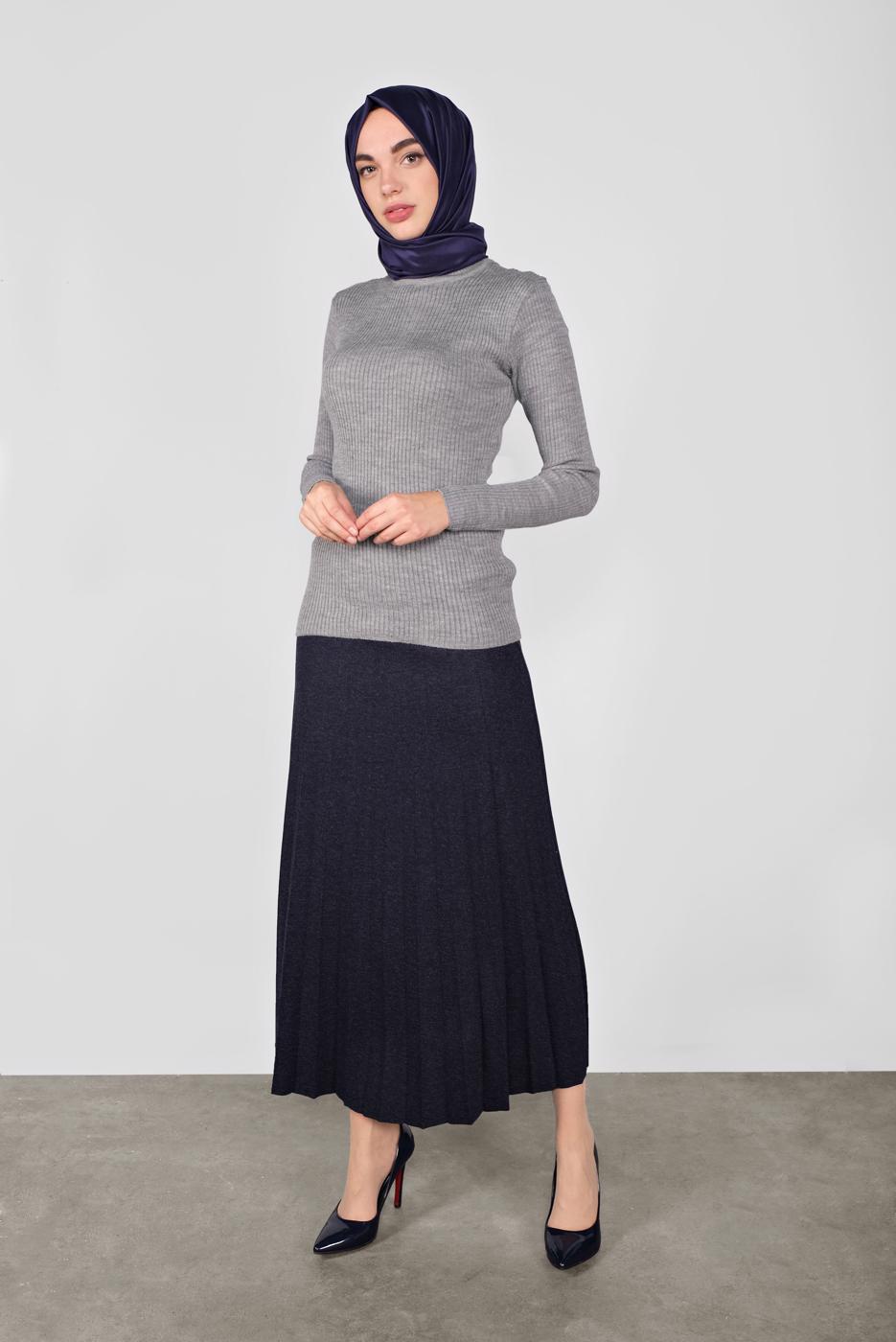 Tesettür giyim GRİ BOĞAZLI FİTİLLİ TRİKO KAZAK 9202 