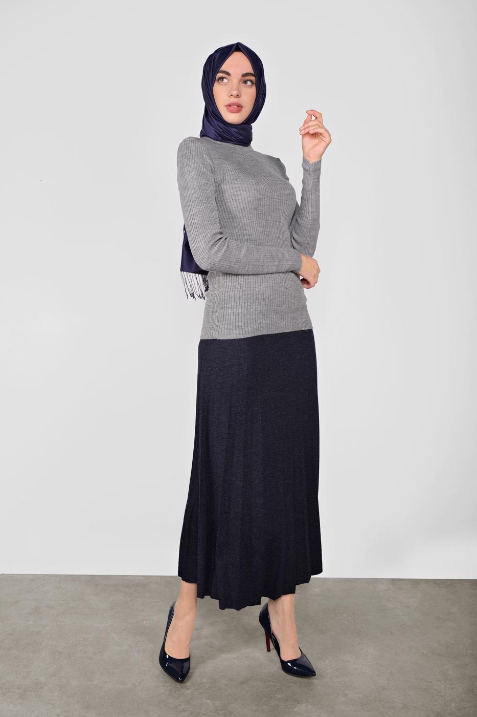 Tesettür giyim GRİ BOĞAZLI FİTİLLİ TRİKO KAZAK 9202 