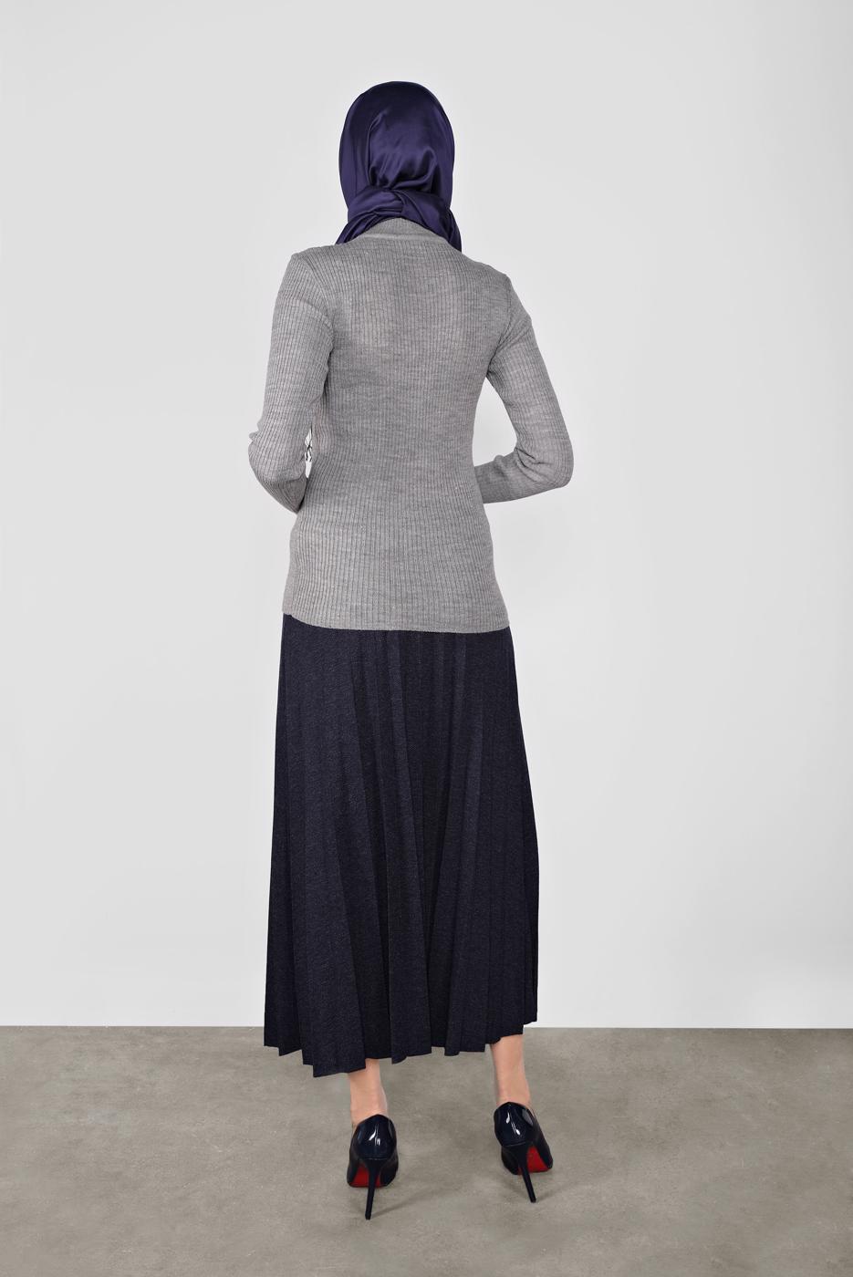 Tesettür giyim GRİ BOĞAZLI FİTİLLİ TRİKO KAZAK 9202 