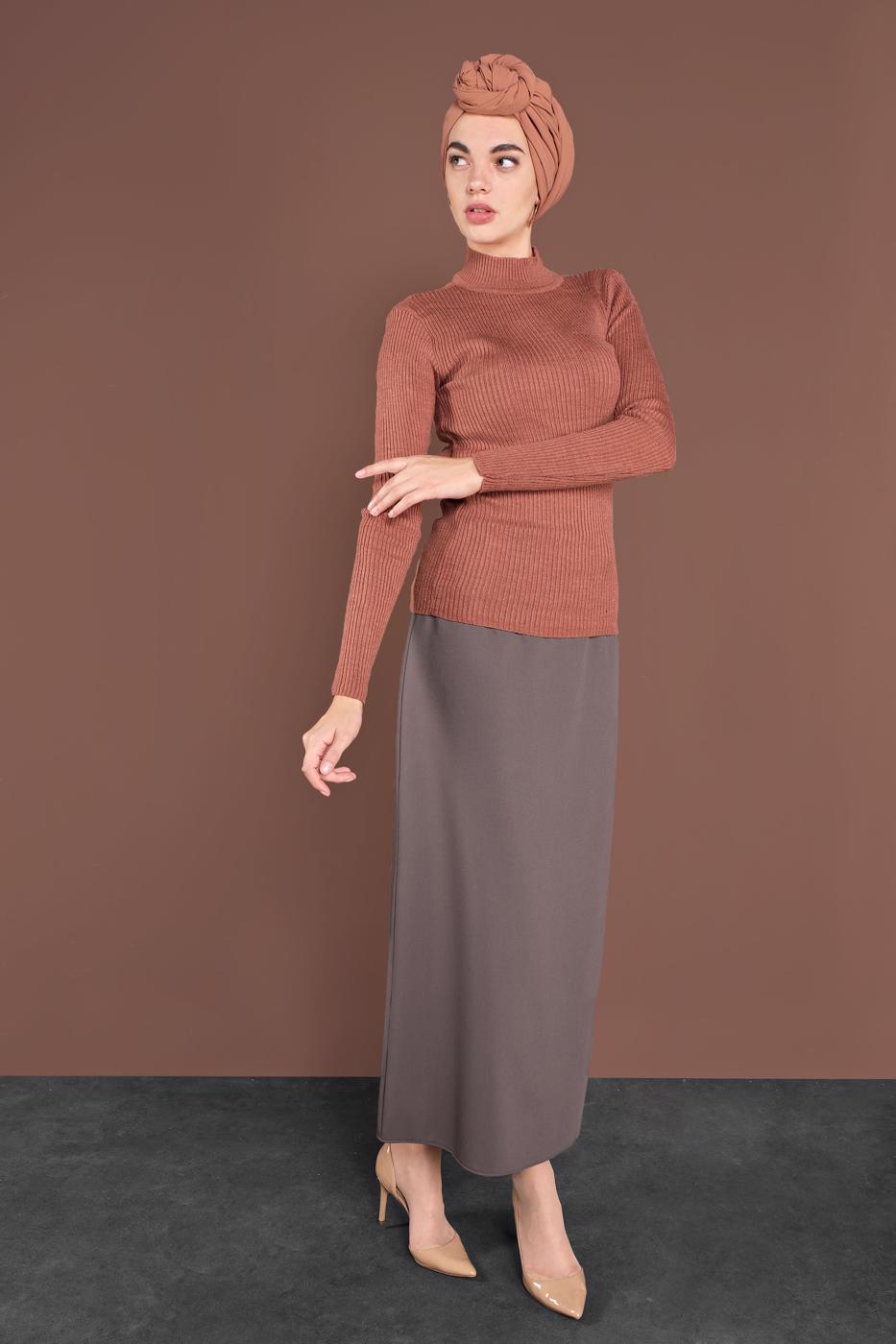 Tesettür giyim KAHVE BOĞAZLI FİTİLLİ TRİKO KAZAK 9202 