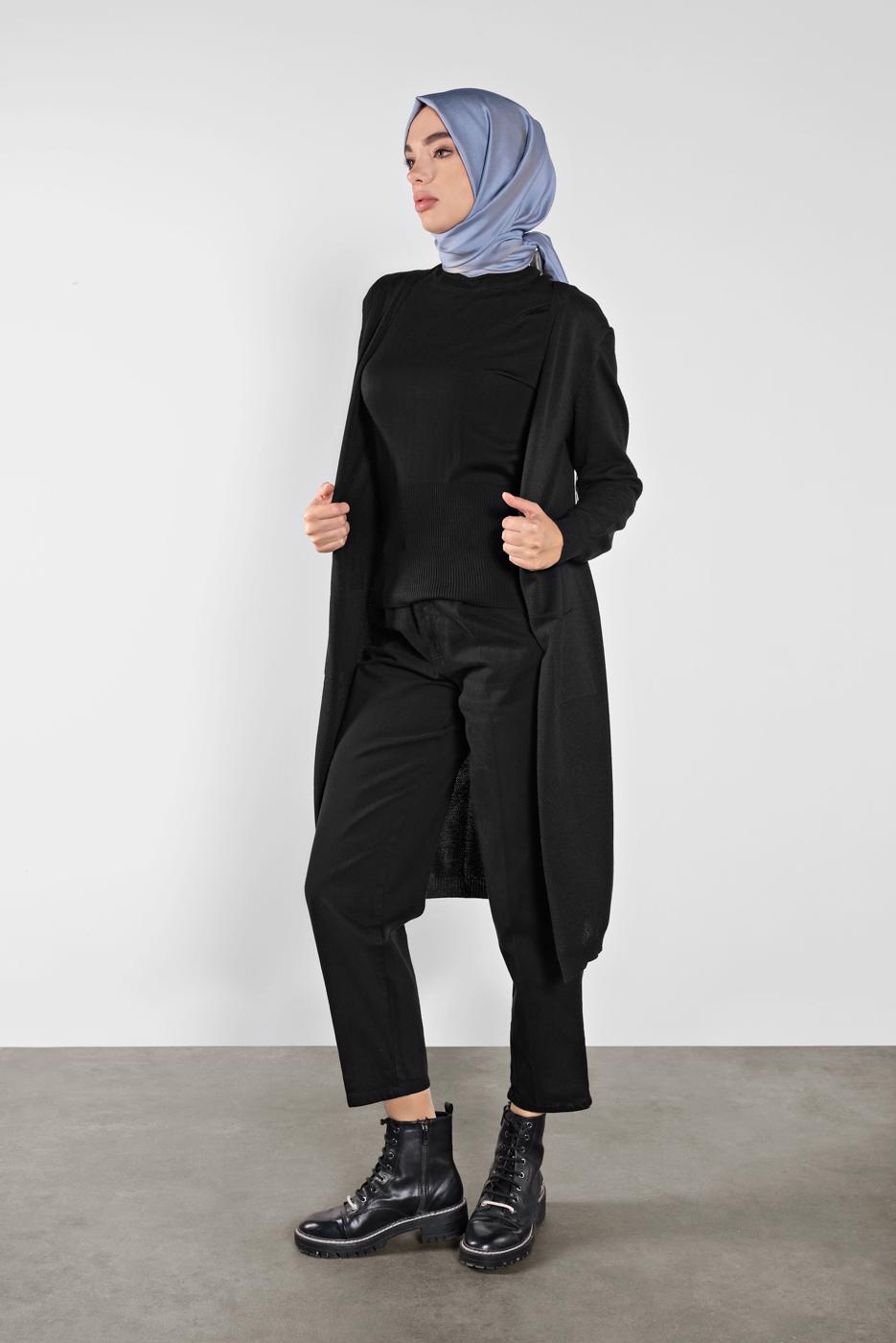 Tesettür giyim SİYAH CEPLİ TRİKO HIRKA 15441