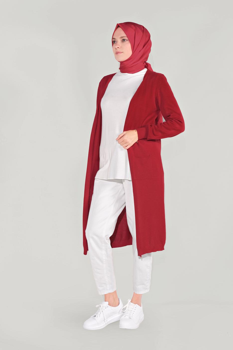 Tesettür giyim KIRMIZI CEPLİ TRİKO HIRKA 15441