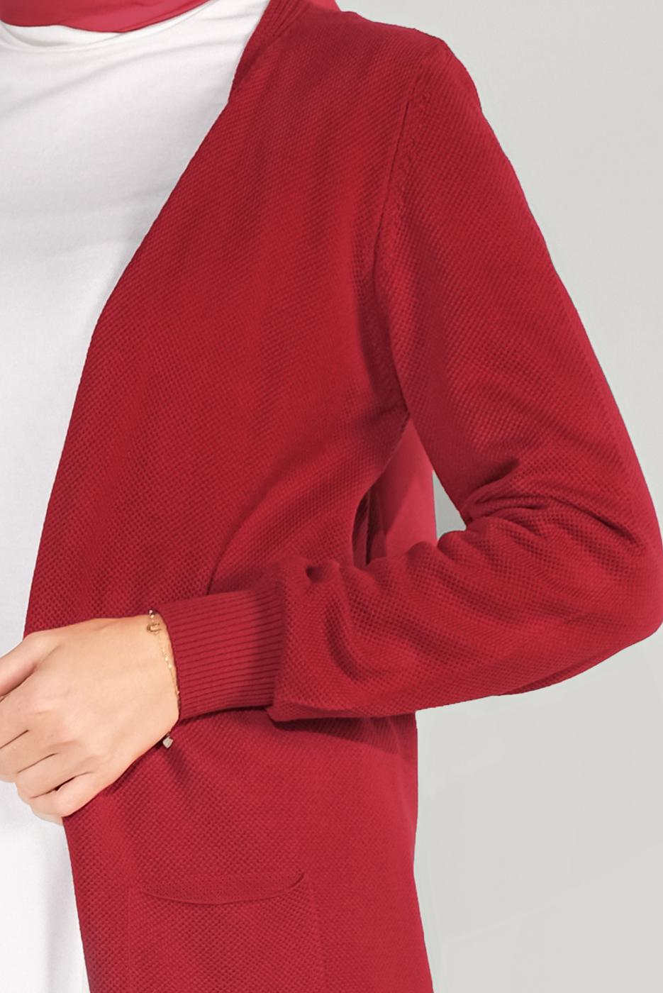 Tesettür giyim KIRMIZI CEPLİ TRİKO HIRKA 15441