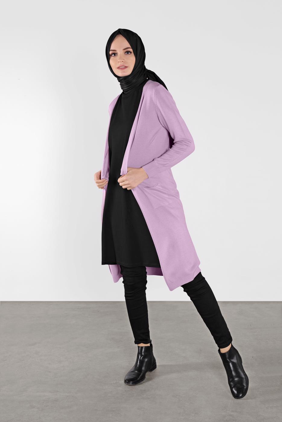 Tesettür giyim MOR CEPLİ TRİKO HIRKA 15441