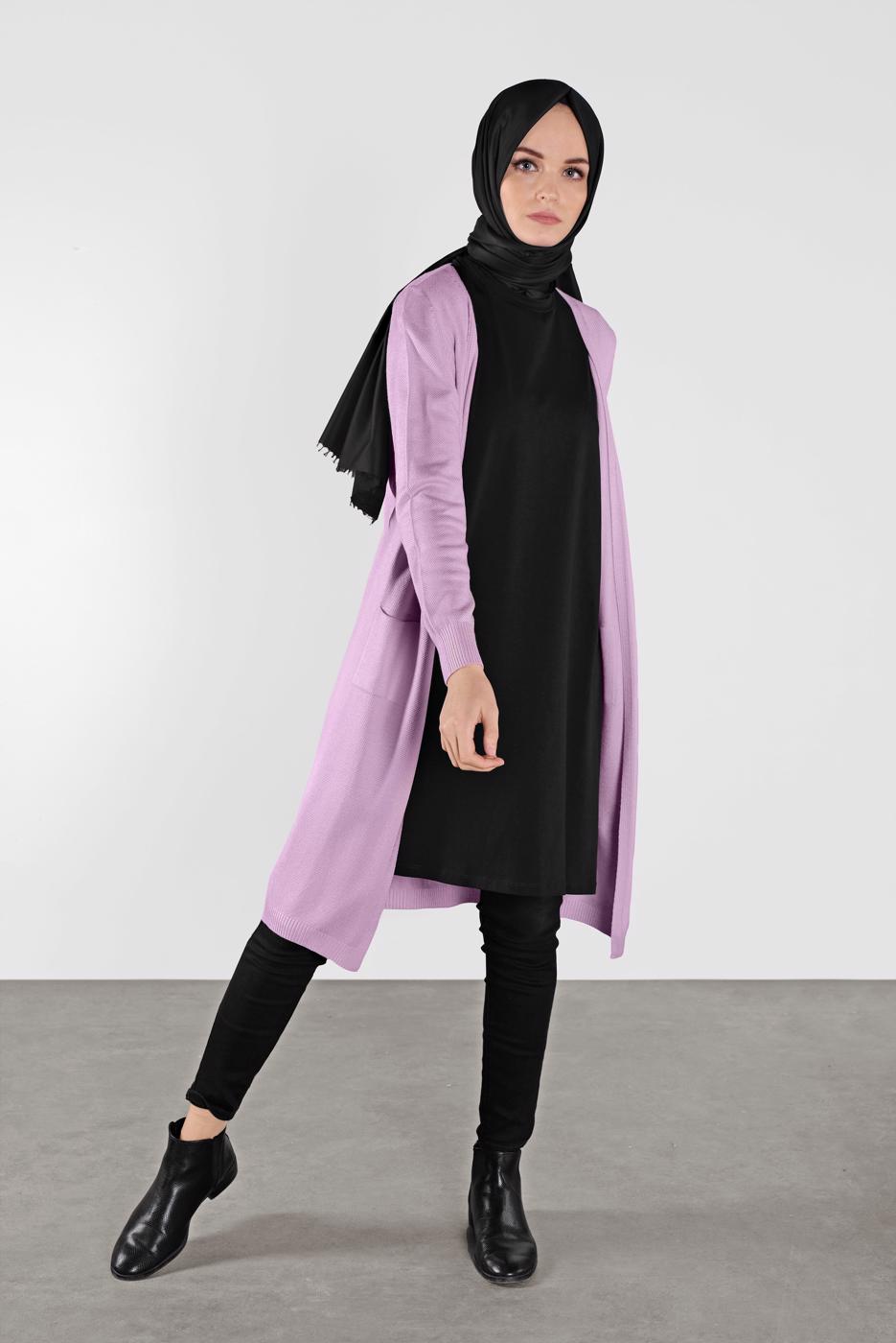 Tesettür giyim MOR CEPLİ TRİKO HIRKA 15441