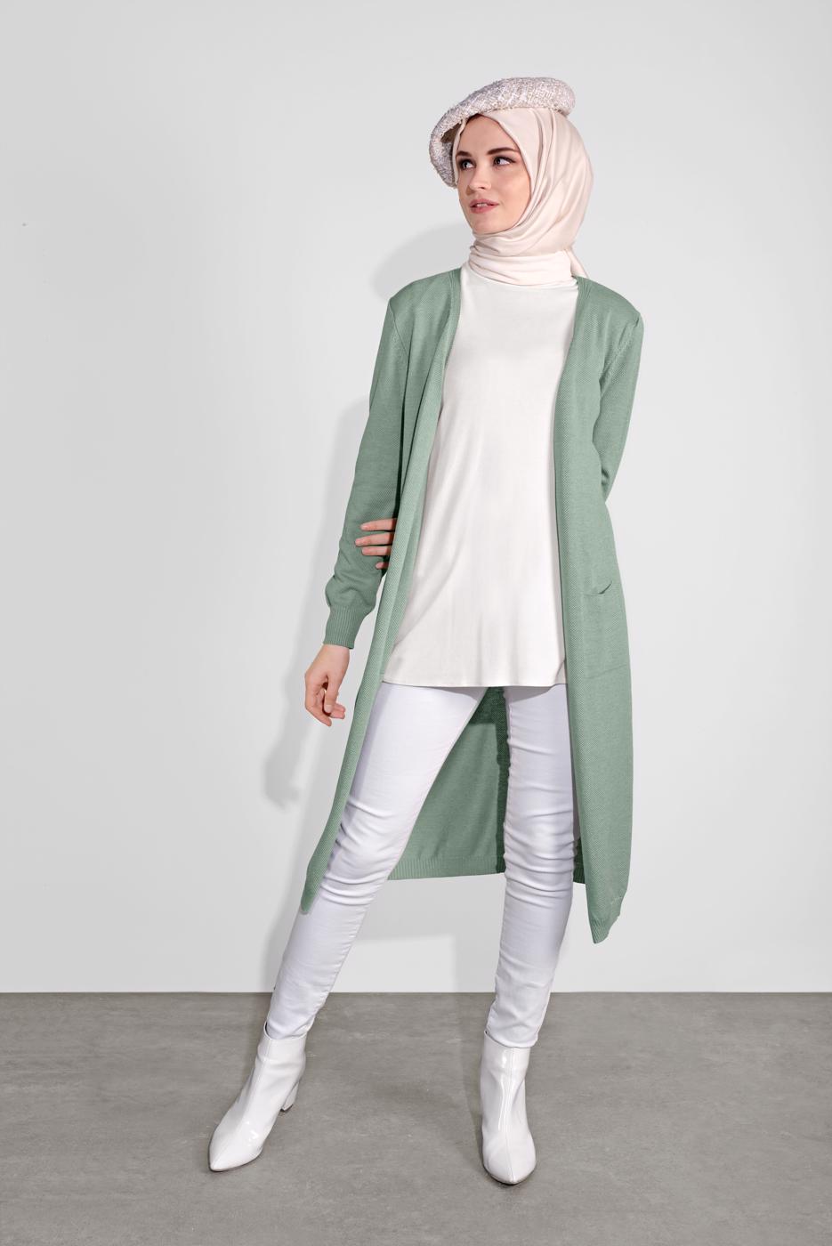 Tesettür giyim YEŞİL CEPLİ TRİKO HIRKA 15441