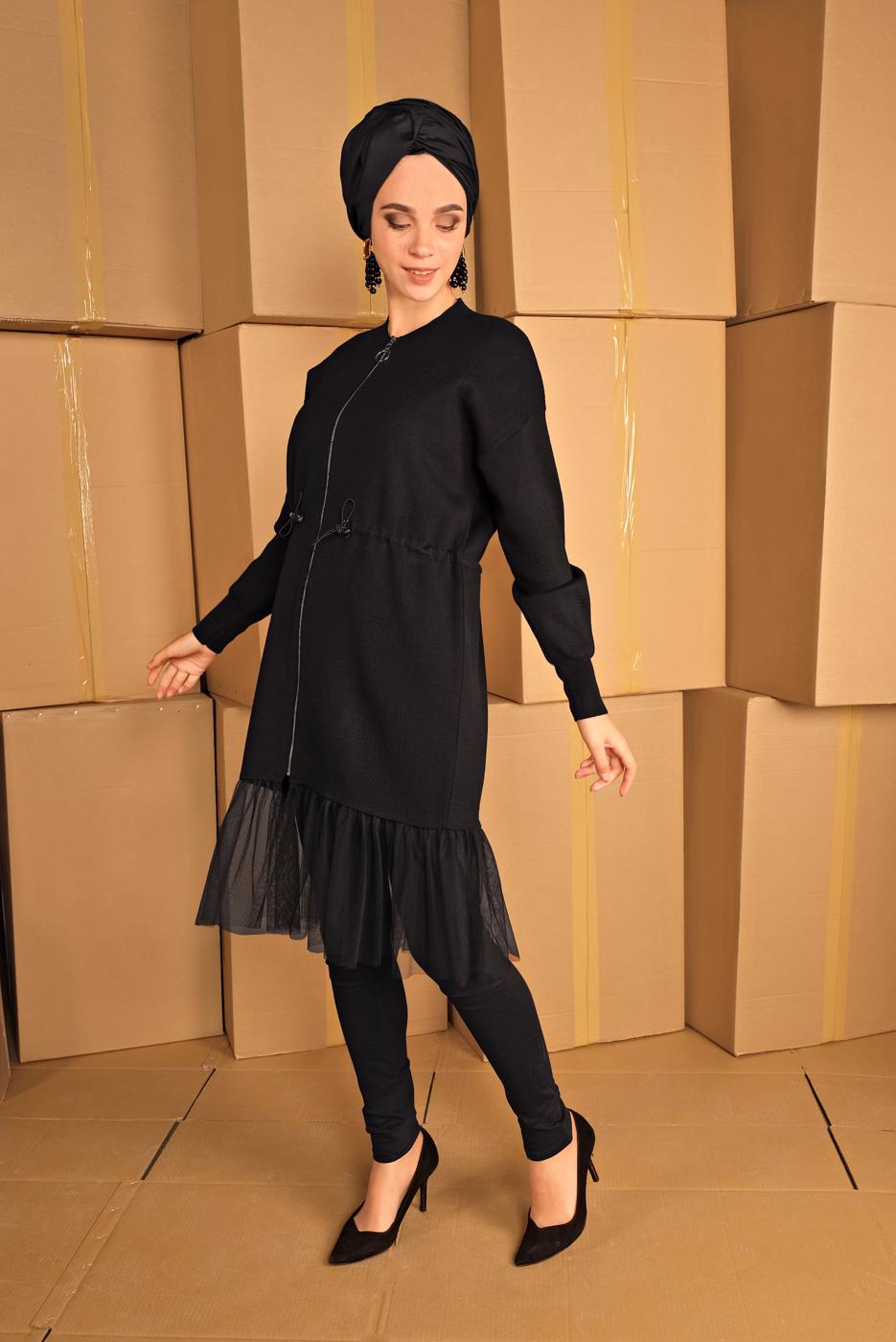 Tesettür giyim SİYAH BELİ BÜZGÜLÜ TÜL DETAYLI CEKET  25441