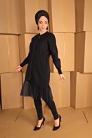 Tesettür giyim SİYAH BELİ BÜZGÜLÜ TÜL DETAYLI CEKET  25441