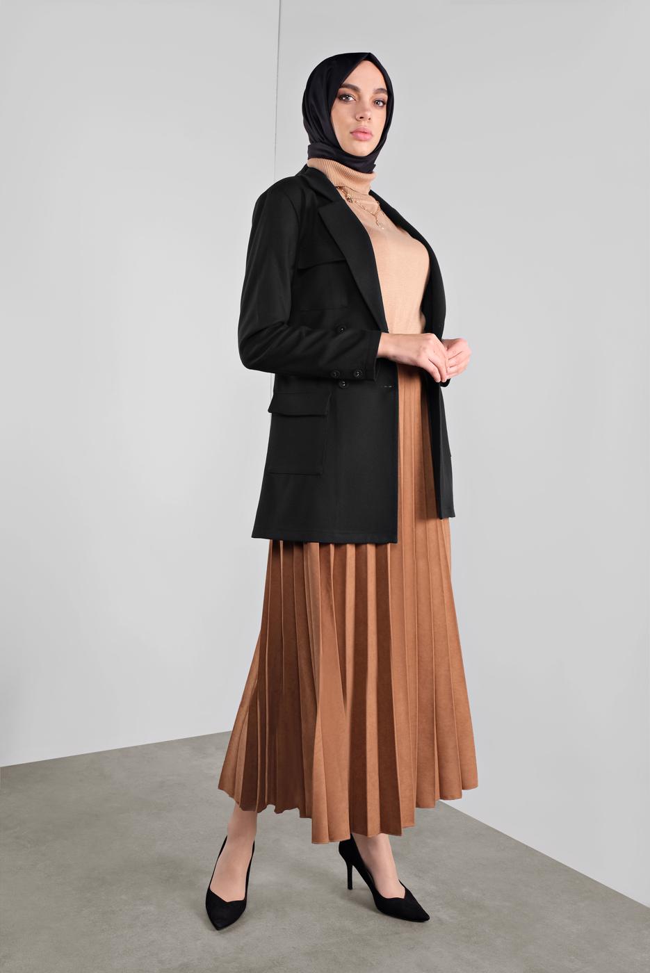 Tesettür giyim SİYAH KRUVAZE YAKA KEMERLİ CEKET  40123 