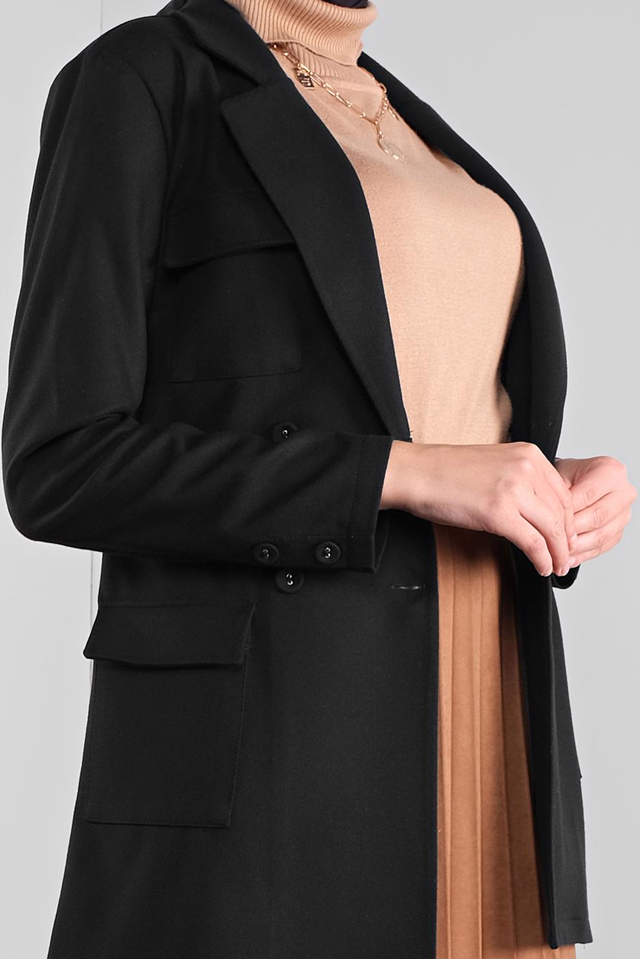 Tesettür giyim SİYAH KRUVAZE YAKA KEMERLİ CEKET  40123 