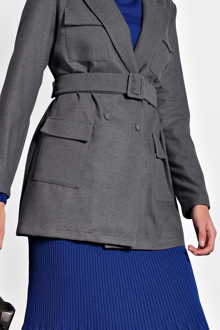 Tesettür giyim GRİ KRUVAZE YAKA KEMERLİ CEKET  40123 