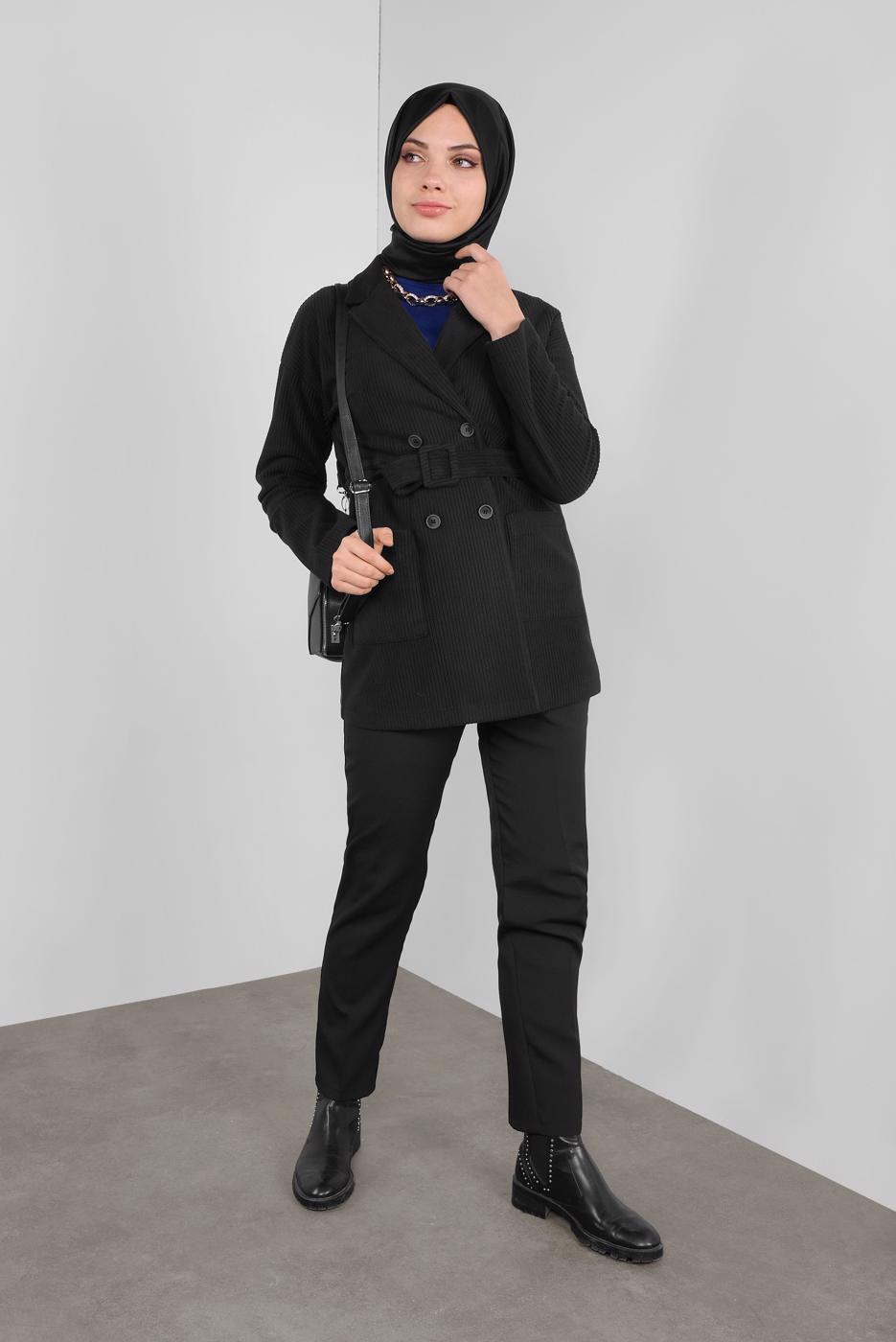 Tesettür giyim SİYAH  ALVİNA  KUŞAKLI KADİFE CEKET 40246	