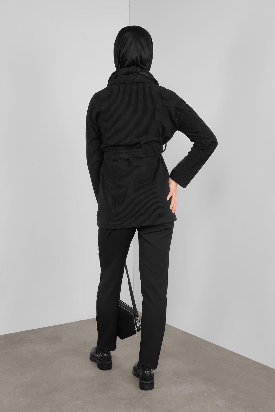 Tesettür giyim SİYAH  ALVİNA  KUŞAKLI KADİFE CEKET 40246	