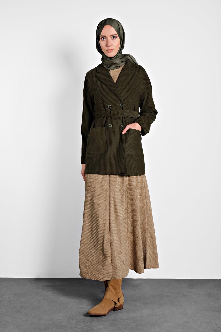 Tesettür giyim HAKİ  ALVİNA  KUŞAKLI KADİFE CEKET 40246	